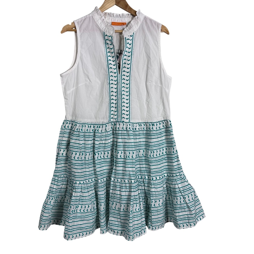 Oliphant Yoke Dress Archer Green White Cotton Tiered Ruffle Mini Dress 1119V L